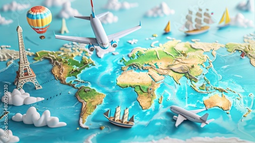 Fototapeta Naklejka Na Ścianę i Meble -  3D web vector illustrations showcasing airplane trips around the world with travel pin locations on a global map.