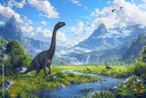 A realistic landscape of an ancient dinosaur world  brachiosauruses in the foreground with grasslands and mountains in the background  birds flying overhead  a river flowing