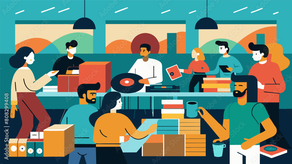 An old warehouse is transformed into a vinyl record fair where collectors can rummage through stacks of rare and vintage records while listening to Vector illustration An old warehouse is transformed into a vinyl record fair where collectors can rummage through stacks of rare and vintage records while listening to Vector illustration