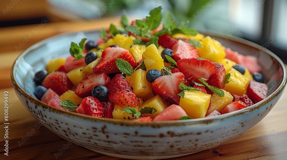 Bowl of Fruit Salad on Wooden Table Bowl of Fruit Salad on Wooden Table