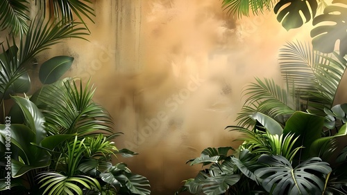Luxurious stucco wall texture with tropical greenery background for product display. Concept Luxurious Textures, Stucco Walls, Tropical Greenery, Product Display, Backgrounds