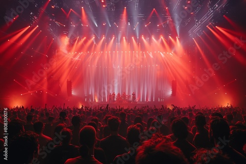A dramatic red light floods a live music event, with crowd silhouettes adding to the intense atmosphere