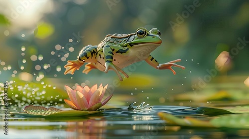 A vibrant frog leaps gracefully over a water lily in a sunlit pond, creating a serene and dynamic natural scene.