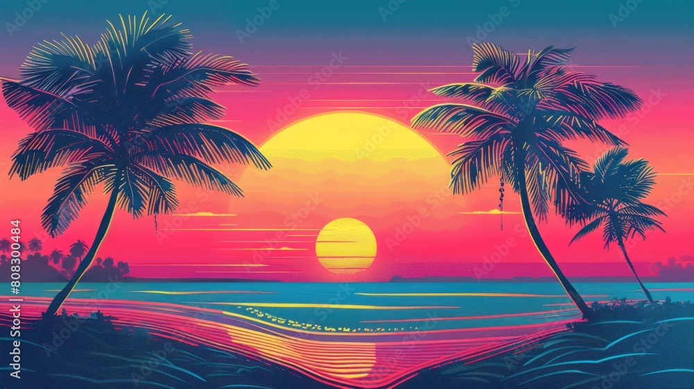 A tropical beach scene with a sunset in the background