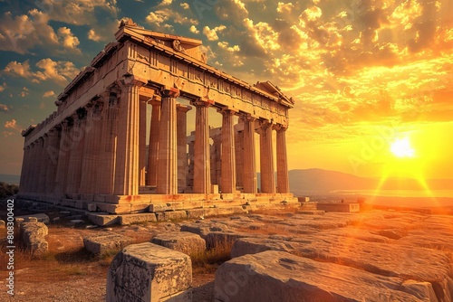 Iconic Greece temple ancient. Tourist sky. Generate Ai