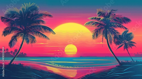 A tropical beach scene with a sunset in the background