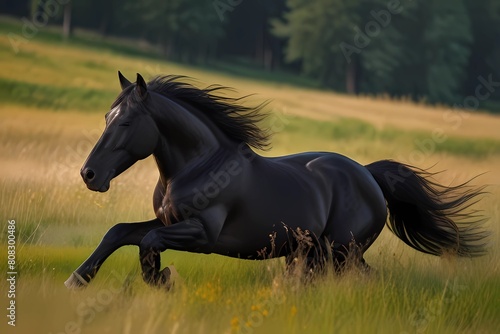 Black friesian horse play on the meadow 