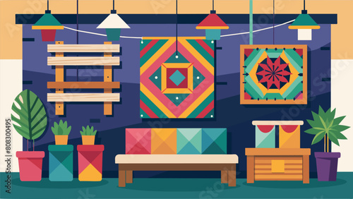 A vibrant creative space decorated with colorful recycled fabric wall hangings and repurposed pallet furniture embodying the spirit of sustainable DIY. Vector illustration