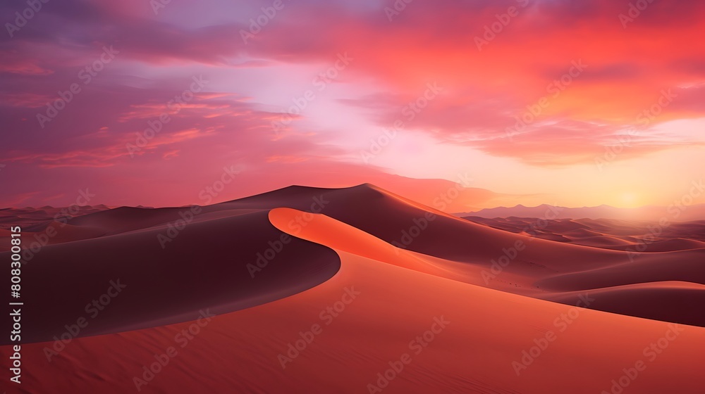 Desert panorama with sand dunes at sunset. 3d render