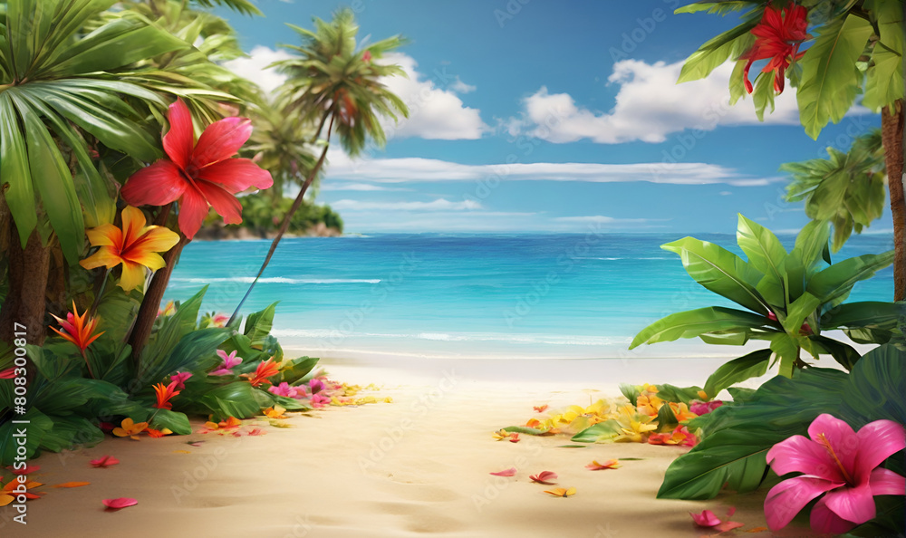 A beach in the tropics, with a backdrop of trees of shrub flowers