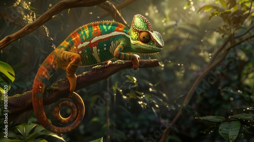a 3D-rendered chameleon, meticulously detailed and vibrantly colored, photo