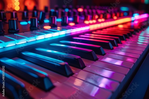 This detailed shot of a synthesizer keyboard showcases the colored lighting that dramatizes its modern and high-tech design © Larisa AI