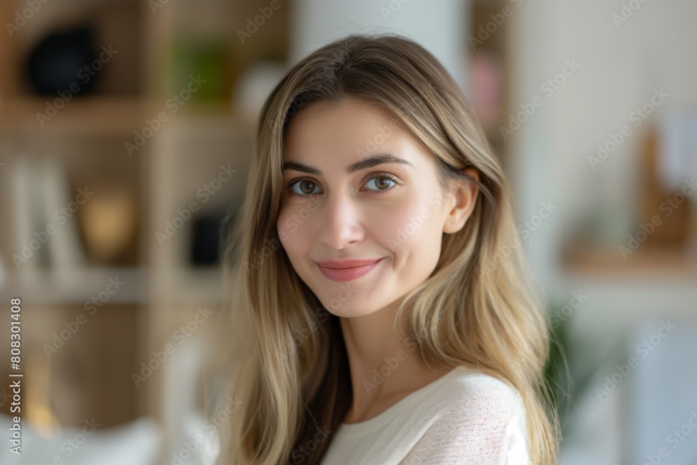 Close-up image showcasing a smiling young woman with blonde hair and natural makeup, radiating warmth and confidence in a softly lit room with a blurred background Close-up image showcasing a smiling young woman with blonde hair and natural makeup, radiating warmth and confidence in a softly lit room with a blurred background