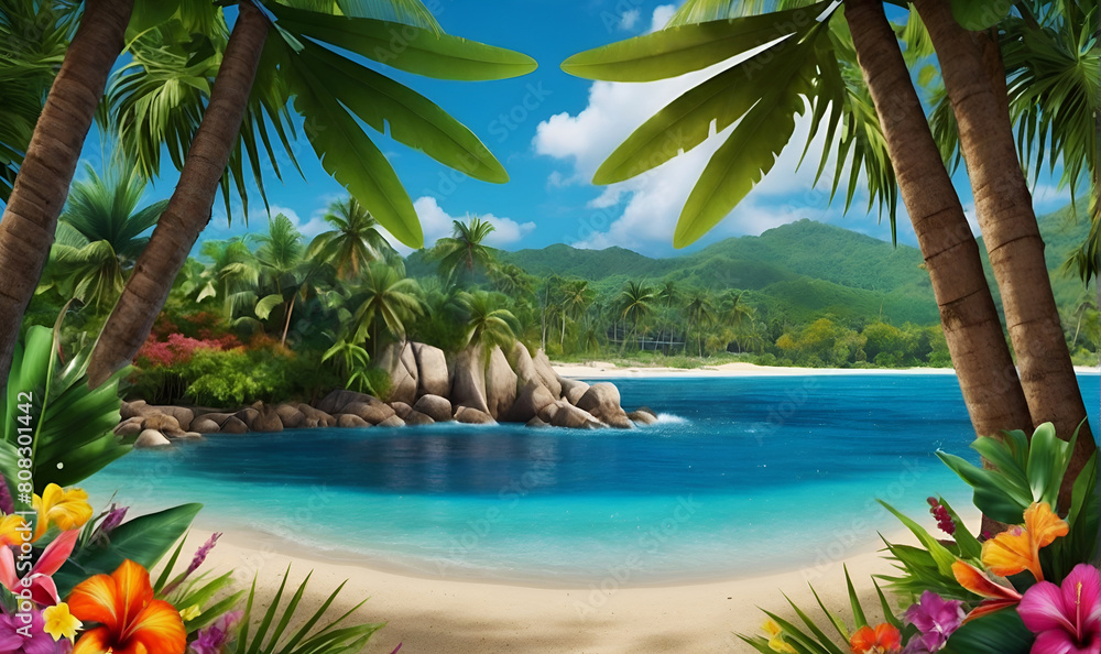 Fototapeta premium A beach in the tropics, with a backdrop of trees of shrub flowers