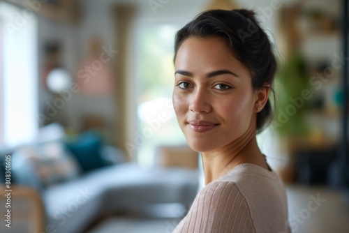 Portrait of a serene young woman with a subtle smile, posing in a softly lit living space with stylish interior decor, exuding a sense of warmth and comfortable home life