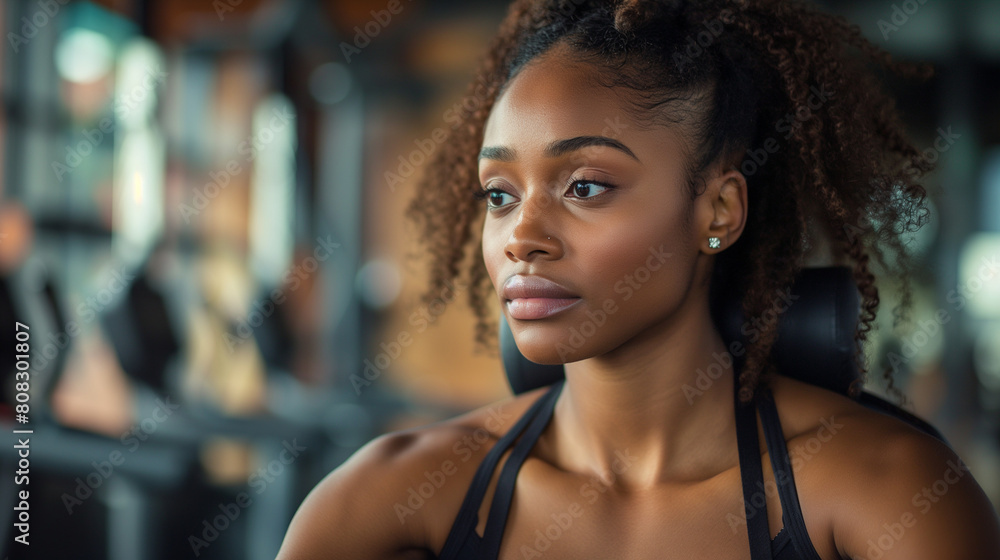 African American athletic woman using exercise machine during sports training in health club. African American athletic woman using exercise machine during sports training in health club.