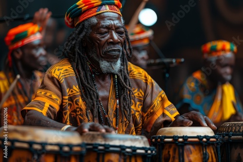 A focused elderly man in vibrant African cultural attire plays the drum with others in traditional dress at a cultural event