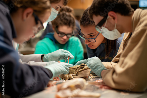 biology class students engaged in dissection to learn about anatomy photo