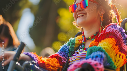 Happy disabled young girl in wheelchair wearing rainbow pride fashionable jumper cardigan outfit outdoors in nature. Candid young teenager with disability at LGBTQ  gay pride parade. Copy space photo