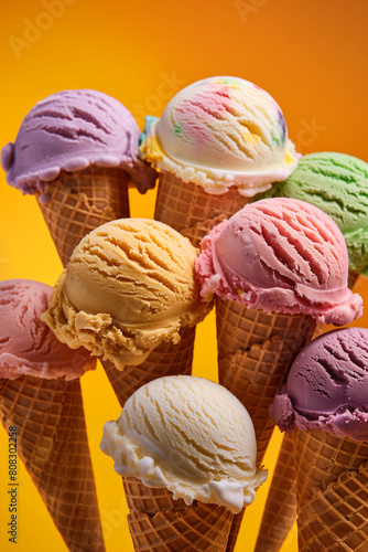 Variety of ice cream cones with differenc flavours and colors. High quality photo photo