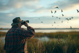 birdwatcher observing diverse bird species in a wetland habitat