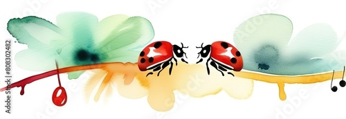 Ladybug daisy flower background. Spring, summer flyer. Mothers day Birthday. Grass, leaf, butterfly, watercolor grunge floral pattern. Isolated modern season illustration. Nature greeting card