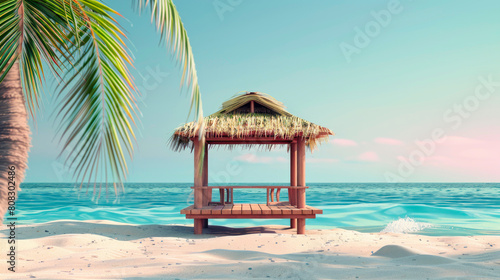 3d style simple beach stand, view from the front, beach in the background