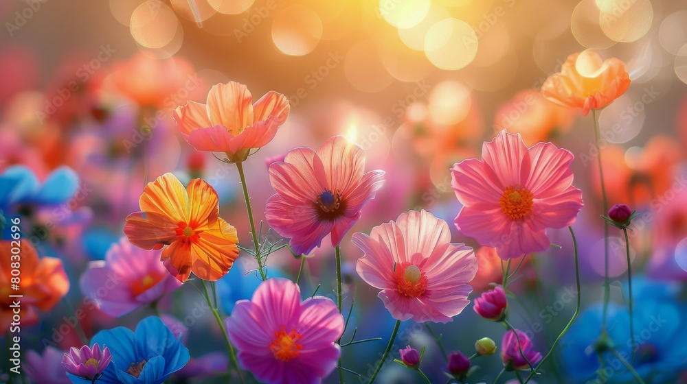 Colorful Flowers Field With Sun Colorful Flowers Field With Sun