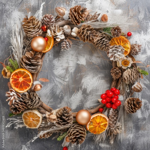 Festive Winter Wreath with Pine Cones, Dried Oranges, and Cinnamon on a Textured Grey Background. Generative AI