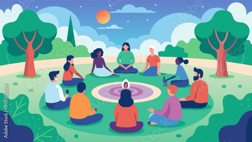 A healing circle in a public park as the community comes together to share their personal insights and lessons learned from working with psychedelics.