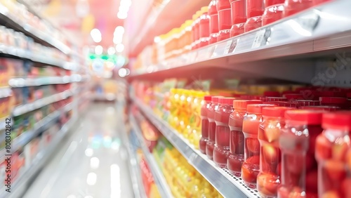 Vibrant supermarket shelves in a blurred shopping mall setting. Concept Supermarket  Shelves  Shopping  Vibrant Colors  Blurred Background