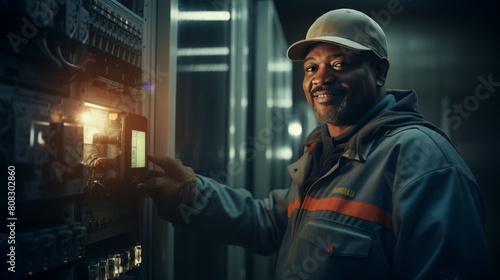 Man in Hard Hat Working on Switch Box photo