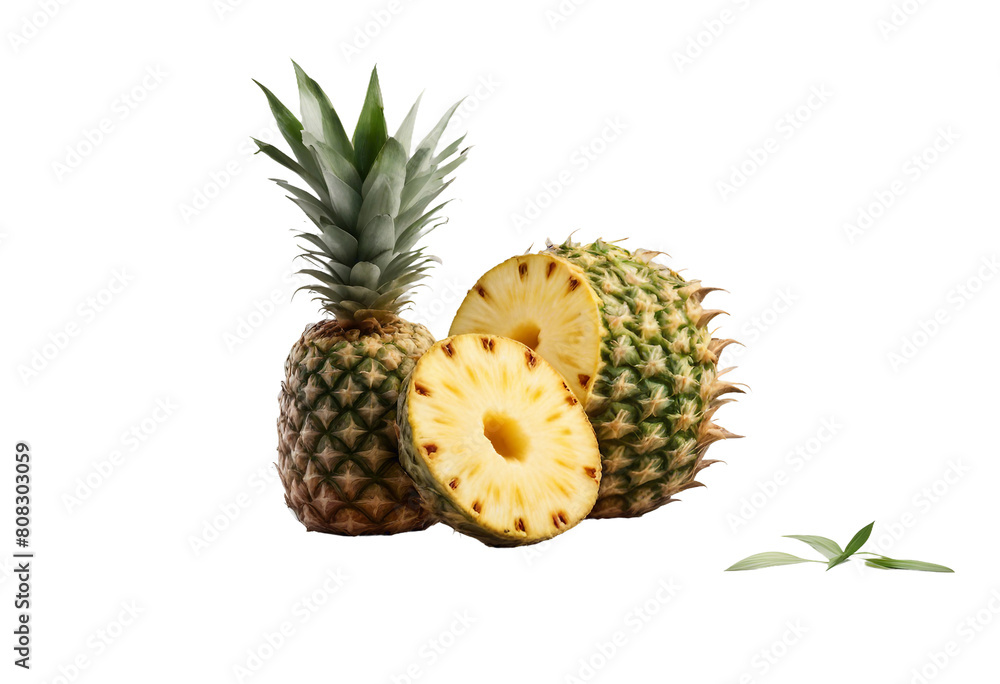 Whole pineapple and pineapple slices isolated on transparent background Whole pineapple and pineapple slices isolated on transparent background