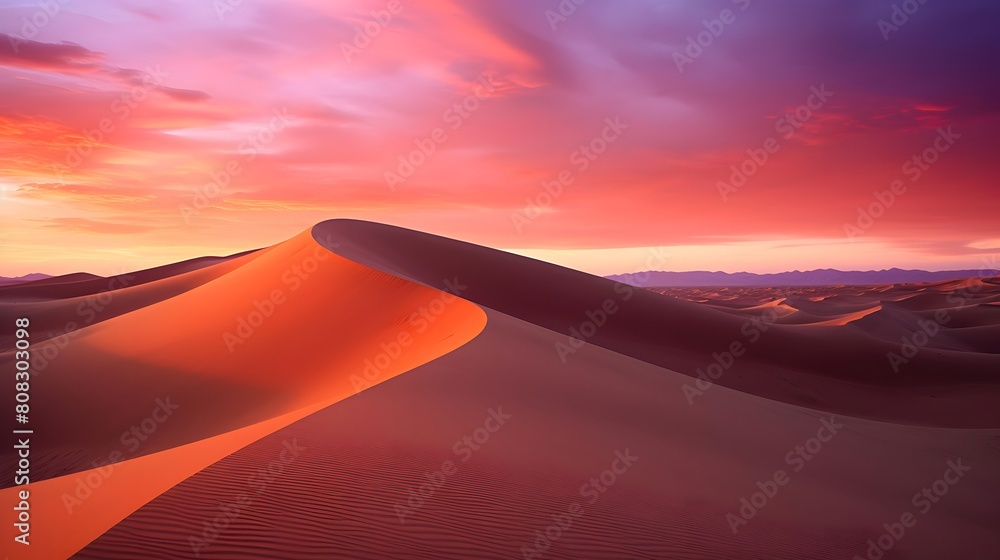Panorama of sand dunes in the Namib desert at sunset