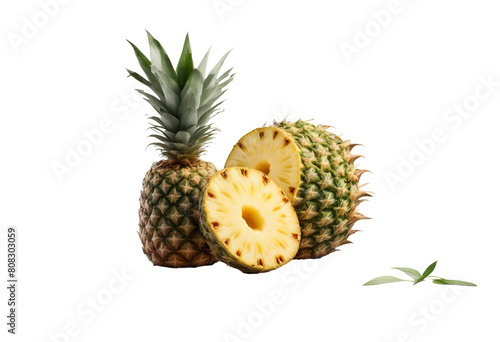 Whole pineapple and pineapple slices isolated on transparent background