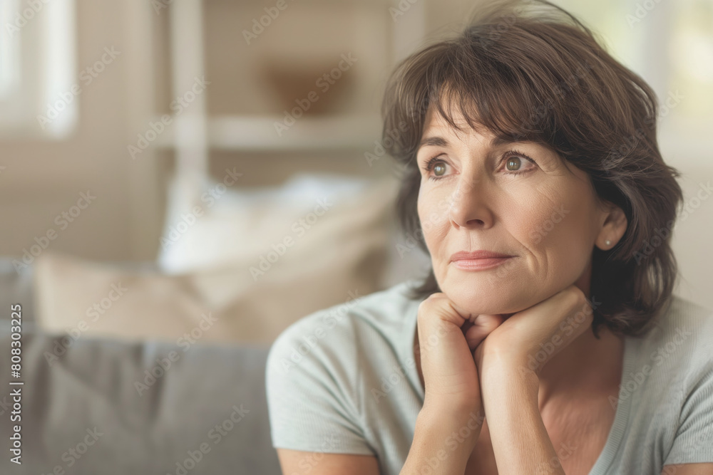 Portrait of a thoughtful mature woman with a serene expression, looking out of a window in a brightly lit home, embodying a sense of calm wisdom and gentle reflection Portrait of a thoughtful mature woman with a serene expression, looking out of a window in a brightly lit home, embodying a sense of calm wisdom and gentle reflection