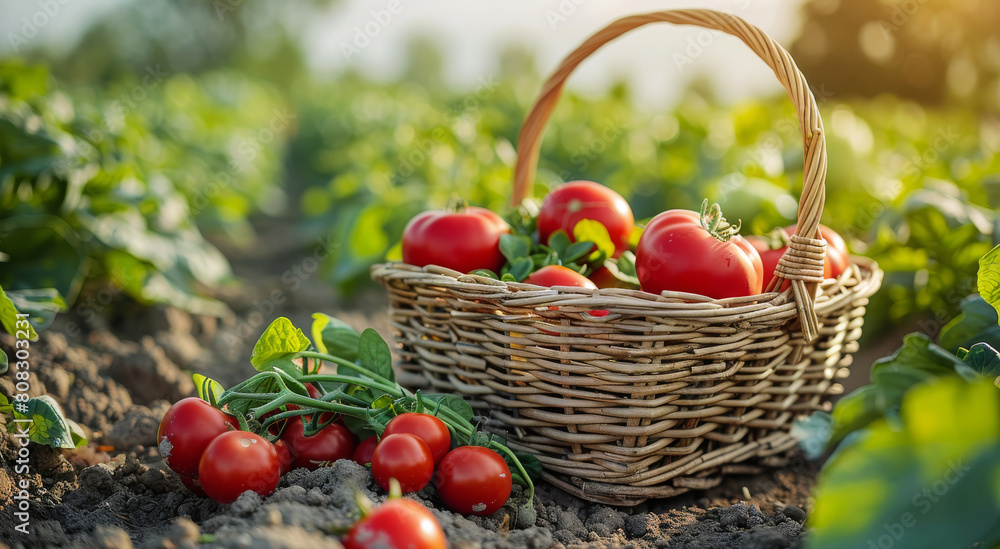 Basket of Tomatoes and Peppers in a Field Basket of Tomatoes and Peppers in a Field