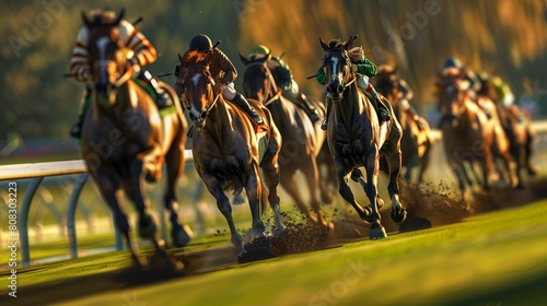 a breathtaking scene of thoroughbred horses racing at full speed on a prestigious racetrack. photo