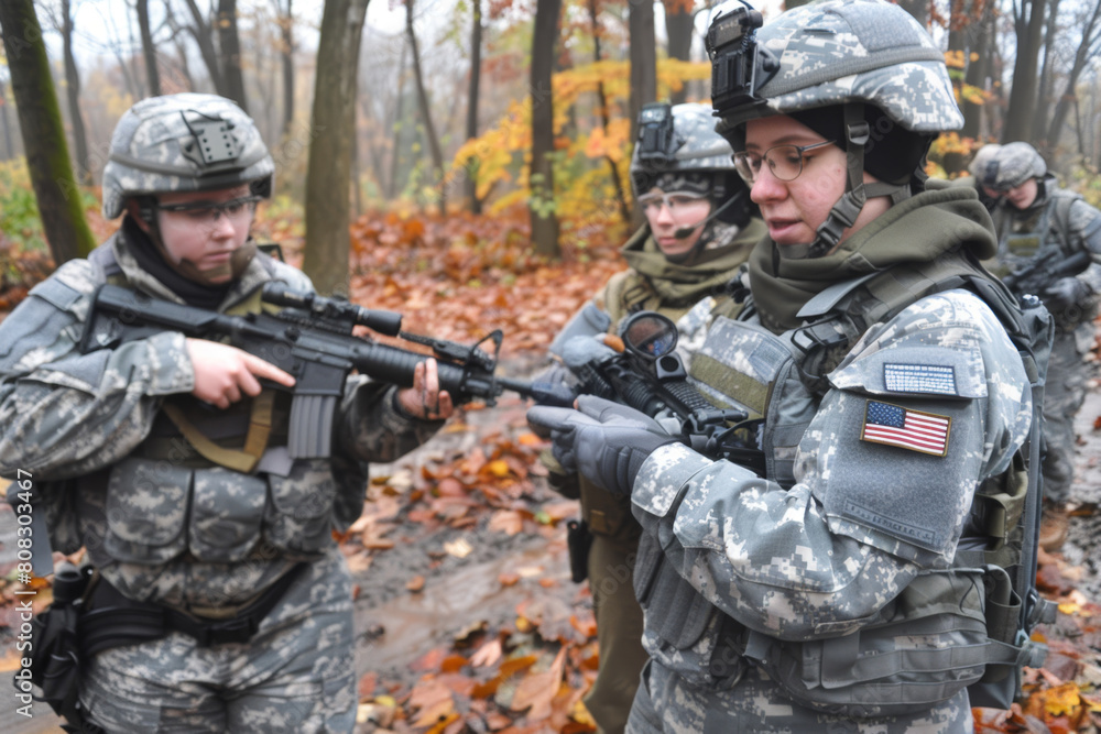 Female Marines on a combat mission in the forest.