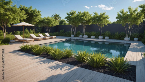 Aménagement d'un jardin autour de la piscine, design extérieur, aménagement paysager	 photo