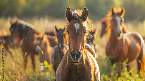 Herd of horses with one newborn foal in the center, Warm blood mare and her filly enjoy green grass together at equestrian center, Generative Ai  photo
