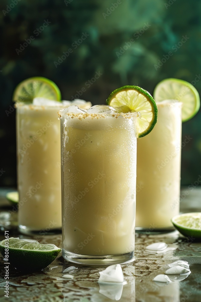 Three Glasses of Limeade With Lime Slices Three Glasses of Limeade With Lime Slices