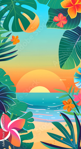 A simple flat template of summer beach with palm leaves and flowers  vibrant colors   colorful background  no shadows  simple design for kids book  minimalist style  vector art. Generated AI