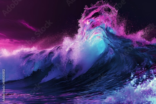 Big Neon Wave Background, Synthase neon big wave splash background, Ai generated