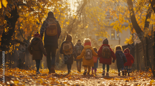 Wallpaper Mural Multi ethnic group of children walking to school through warm leafy residential area, back to school, new term, semester, primary school Torontodigital.ca