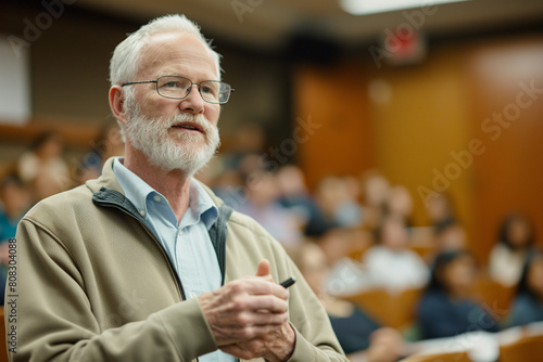 Ethics professor discussing moral dilemmas with college students photo