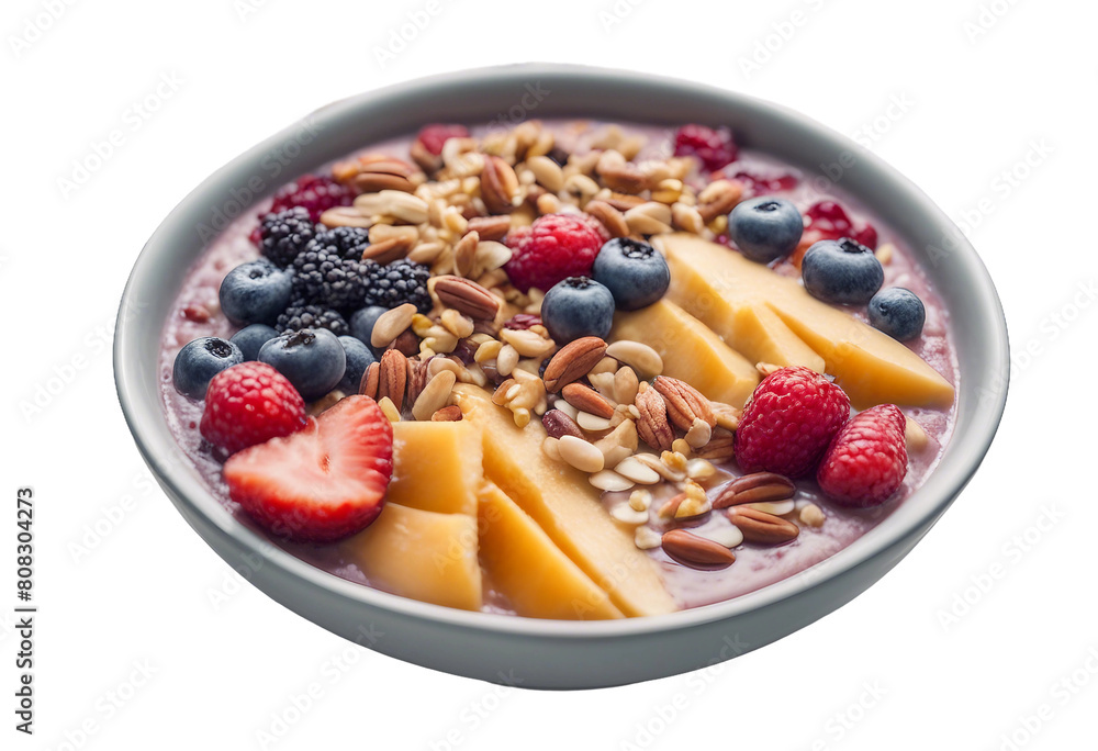 A smoothie bowl artistically topped with slices of fruit and nuts isolated on transparent background
