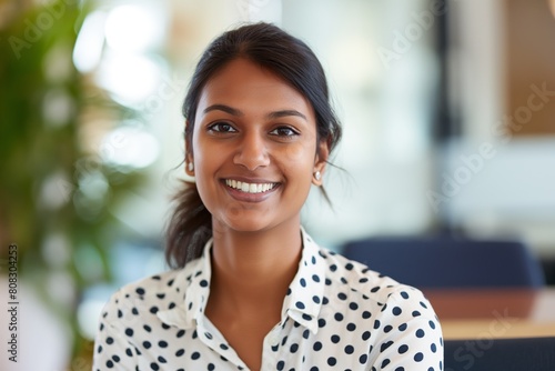 Young, professional woman smiling at the camera with a look of confidence. She is in a modern office setting, exuding approachability and a positive work attitude photo