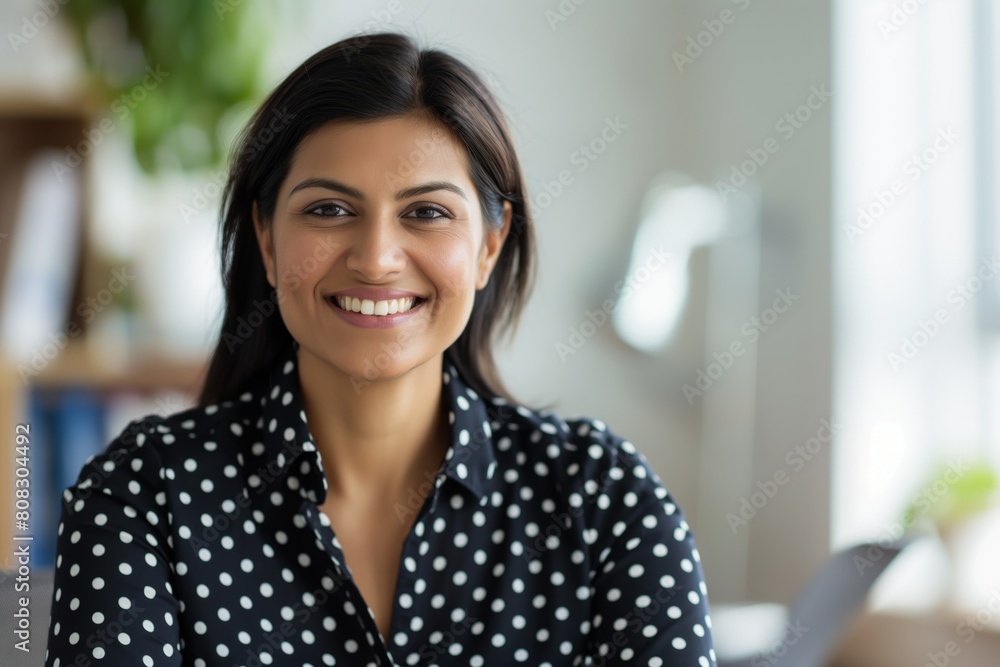 Confident, elegant woman with a radiant smile, wearing a stylish polka dot blouse, poses in a bright, modern office setting, exuding warmth and professional positivity Confident, elegant woman with a radiant smile, wearing a stylish polka dot blouse, poses in a bright, modern office setting, exuding warmth and professional positivity