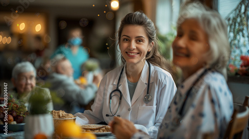 Young healthcare worker and senior people during lunch at nursing home.